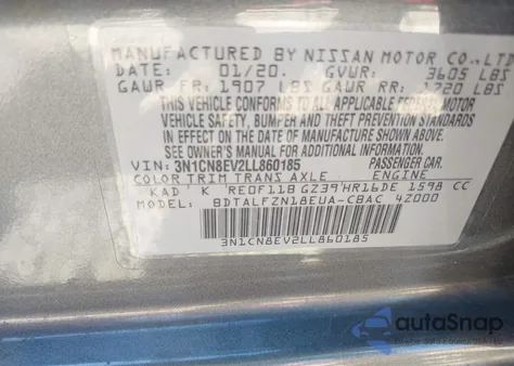 2020 Nissan Versa Sv Xtronic Cvt из США, поврежденный, VIN 3N1CN8EV2LL860185